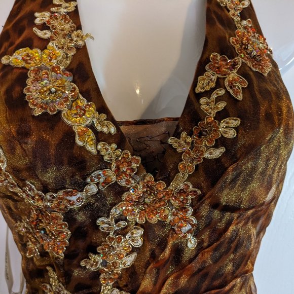 Jasz Couture Leopard Beaded Ruffled Tiers Halter Maxi Dress - size 2 NWT - Picture 5 of 16